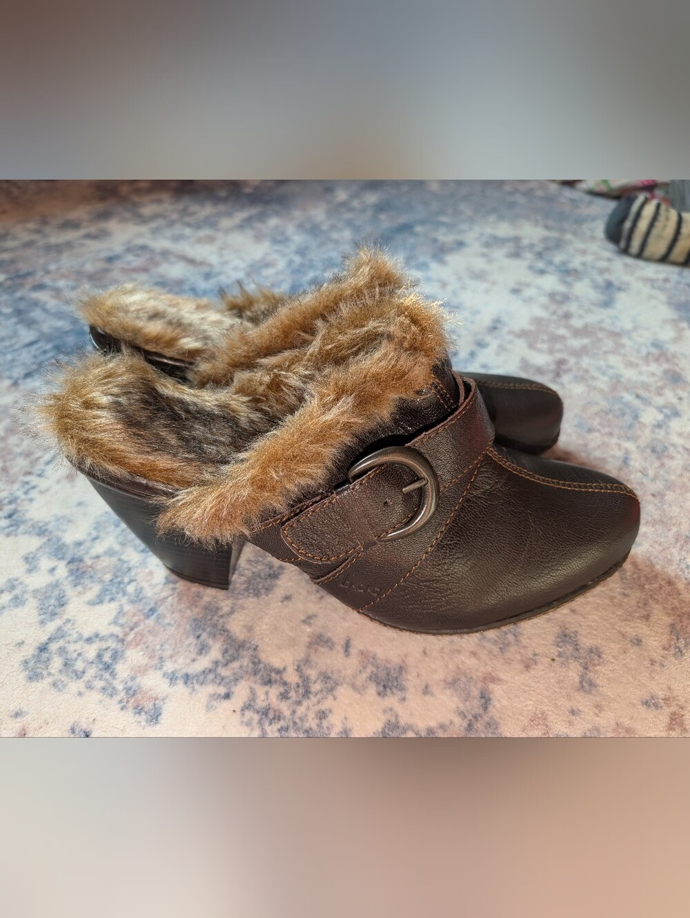 Y2K Brown Faux Fur Lined Leather Clogs